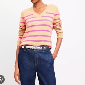 LOFT Stripe Relaxed V-Neck Sweater Women's Pink and Tan Size S
